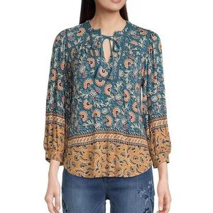 Paisley Border Print Knit Trim Tassel Tie V-neck 3/4 Sleeve Peasant Top,NWT